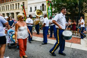 U.S. Soldiers assigned to the 246th Army Band, South Carolina National Guard, perform musical numbers at the Soda City Market on Main St. in Columbia, South Carolina, June 24, 2017. The mission of the 246th Army Band is to share the National Guard story through music as part of their annual summer concert tour which takes them across multiple communities in the state of South Carolina.  (U.S. Air National Guard photo by Tech. Sgt. Jorge Intriago)