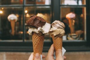 two multi flavored ice cream cone