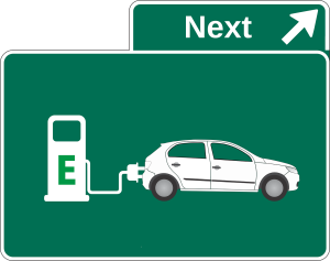 A sign for an EV charging station ahead near Orangeburg, South Carolina.