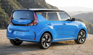 A blue 2024 Kia Soul parked on at an overlook near Orangeburg, South Carolina