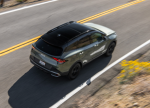 An overhead photo of a 2025 Kia Sportage driving down a street near Orangeburg, South Carolina